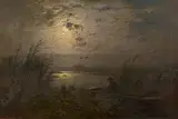 Louis Douzette, Nächtliche Entenjagd am Bodden, Öl auf Leinwand