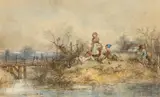 Johann Mari Ten Kate, Angelnde Kinder am Bach, Aquarell auf Papier