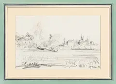 Johann Barthold Jongkind, Landschaft mit Häusern, Kohle auf Papier