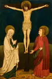 Hans Burgkmair, Christus am Kreuz mit Maria und dem heiligen Johannes Evangelist, Tempera (?) auf Holz