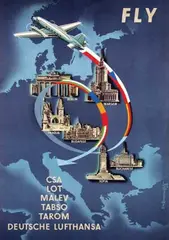 Dim Roussinoff, Fly CSA LOT MALEV TABSO TAROM Deutsche Lufthansa, 1958, poster
