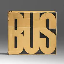 Mason Williams, Bus, 1967, life-sized bus photograph screenprinted on billboard stock in 16 sections, corrugated fiberboard box