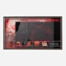 Simon Denny, Analogue/Digital Transmission Switchover: Evening Standard/Digital UK, London 2 (from the Television Transition Horror Vitrines series), 2012, Samsung 40UD 6500 3D television, digital prints on acrylic, rubber, wood, aluminum, steel