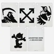 Virgil Abloh, Advertise Here; Reaper I; Reaper II; Arrows; Felix the Cat (five works from the Clear Art series), 2019, transparent lithographic print