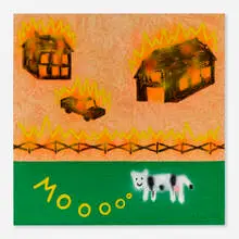 Hunter Potter, Revenge!! Greener Grass!! Moo!!, 2021, acrylic, oil stick, and spray paint on canvas