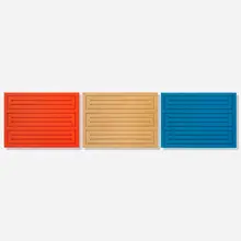 Donald Judd, Untitled, 1991, clear polyurethane, red paint and blue paint on woodblock