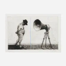 Man with Megaphone by William Kentridge, 1998, etching and aquatint in colors, sold Dec 2023