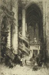 Hedley Fitton, Church Interior with Staircase, Etching