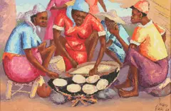 Petion Savain, Haitian Women Cooking, Oil on board