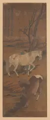Zhao Zi Ang, Two Figures and Two Horses Under Willow Tree, Ink and color on silk, signed sealed and