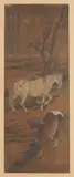 Zhao Zi Ang, Two Figures and Two Horses Under Willow Tree, Ink and color on silk, signed sealed and