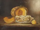 Still Life with Oysters and Fruit by Continental School, STILL LIFE WITH OYSTERS AND FRUIT, oil on canvas in "as is" condition, sold Sep 2016