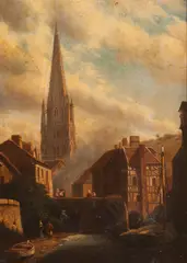 J. Cordier, Town Scene with Cathedral, Oil on canvas