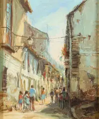 Julian E. Ocana, Street Scene, Oil on canvas