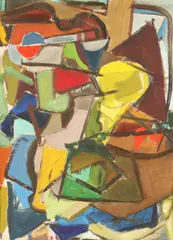 Mary Marshall, ABSTRACT, identified on exhibition label verso, Oil on board
