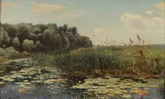 Latvian School, Lilypads on Pond, Oil on board