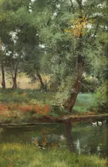 Latvian School, Stream with Ducks, STREAM WITH DUCKS, oil on canvas