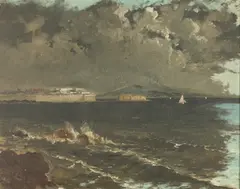 View of Harbor Town with Coming Storm by Robert Maione, VIEW OF HARBOR TOWN WITH COMING STORM, oil on board, offered Sep 2016