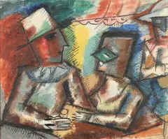 Louis Schanker, AT THE CAFE, identified verso with estate stamp, Oil on canvas