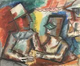 Louis Schanker, AT THE CAFE, identified verso with estate stamp, Oil on canvas