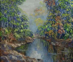 John Wesley Hardrick, Stream in Fall Landscape, Oil on board