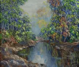 John Wesley Hardrick, Stream in Fall Landscape, Oil on board