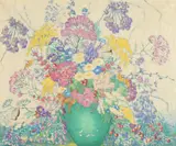 Mary Elizabeth Price, Still Life with Flowers in Green Vase, STILL LIFE WITH FLOWERS IN GREEN VASE, oil on canvas in "as is" condition