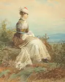 Philipp Rumpf, Portrait of Lady with Parasol, Watercolor