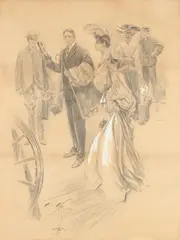 Gentleman Tipping His Hat for Passing Young Lady by Harrison Fisher, Charcoal and pencil heightened, sold Sep 2016