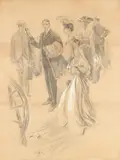 Harrison Fisher, Gentleman Tipping His Hat for Passing Young Lady, Charcoal and pencil heightened
