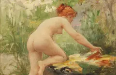 Fernand Lematte, Female Nude Bather, Oil on panel