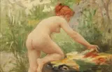 Fernand Lematte, Female Nude Bather, Oil on panel