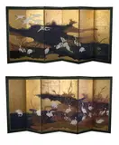 Japanese School, Untitled, Egrets and Reeds, pair ink and color on paper six-fold screens, unsigned - Each panel: 68 3/8 in. x 24 1/2 in