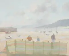 Richard Ayling, Beach Scene with Distant Lighthouse, Oil on board