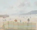 Richard Ayling, Beach Scene with Distant Lighthouse, Oil on board