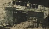 Thomas Bostelle, THE BRIDGE, identified and titled on label verso, Oil on board
