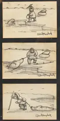 Robert Mayokok, THE HUNT: THREE WORKS FRAMED AS ONE, each signed lower right, Pencil