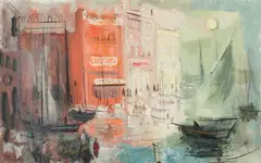 Patricia Cunningham, Italian Harbor Scene, Oil on board