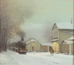 Walter Dusatti, Railroad in Winter, Oil on canvas