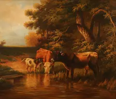 H. Sallarr, Cows at Stream, Oil on canvas