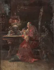 Bronwen Roberts, Cardinal Seated at Table in Interior, Oil on canvas