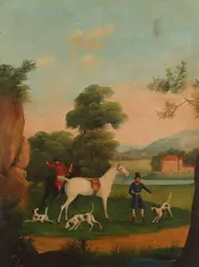 French Primitive School, Fox Hunting Scene with Chateau, FOX HUNTING SCENE WITH CHATEAU, oil on canvas