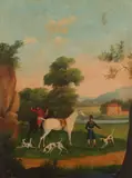 French Primitive School, Fox Hunting Scene with Chateau, FOX HUNTING SCENE WITH CHATEAU, oil on canvas