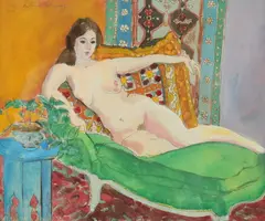 Warren Brandt, Reclining Nude, RECLINING NUDE, signed in pencil upper left and titled on verso Etching heightened with gouache.