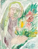 Chaim Goldberg, Woman with Bouquet, Watercolor
