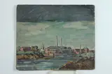 Town Along the River by American School, Oil on board, offered Dec 2016