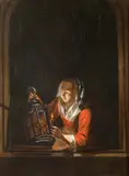 Continental School, Woman at Window Lighting Lantern, WOMAN AT WINDOW LIGHTING LANTERN, oil on panel