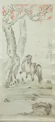 Li Can Yun, Horses, Two ink and color on paper scroll paintings, signed and sealed