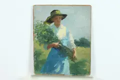 Ruth Osgood, WOMAN WITH WILDFLOWERS and WOMAN SEATED ON BEACH: TWO WORKS, first; signed and titled in pencil verso, Oil on canvas laid on board circa 1920-1930