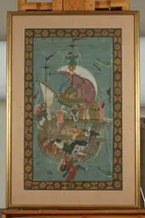 Persian School, Figures on Boat, Ink and color on silk
